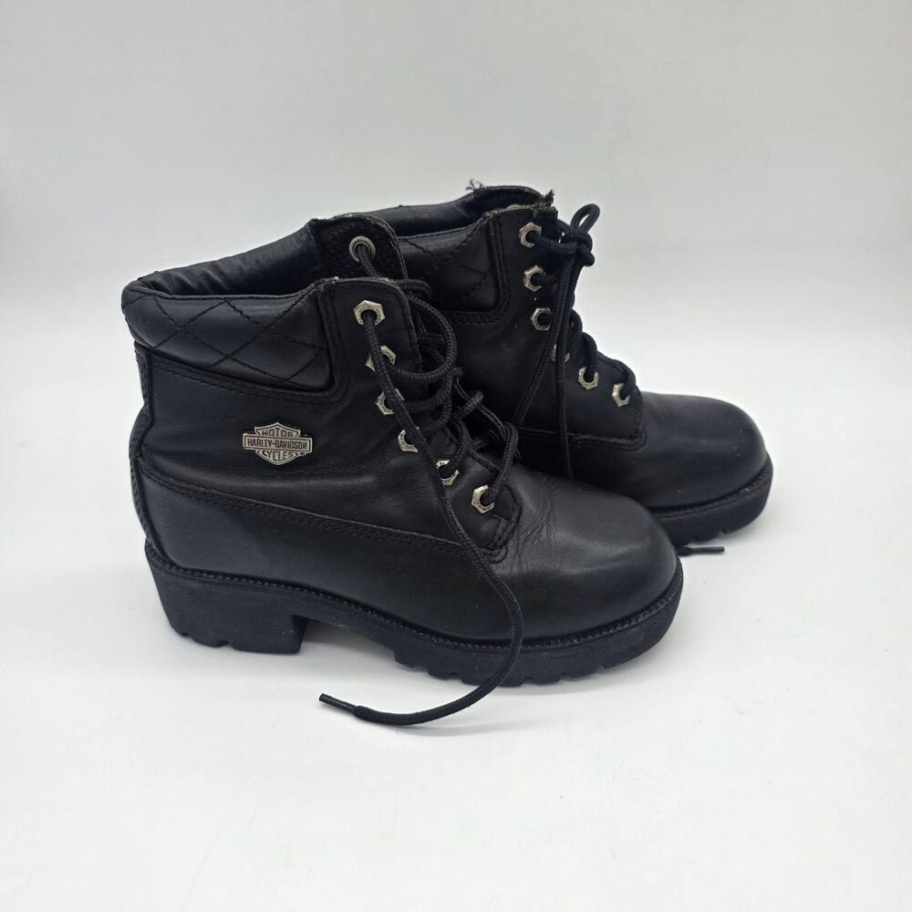Harley-Davidson Biker Boots Womens 5.5 Black Leather Lace Up Ankle Block Heel